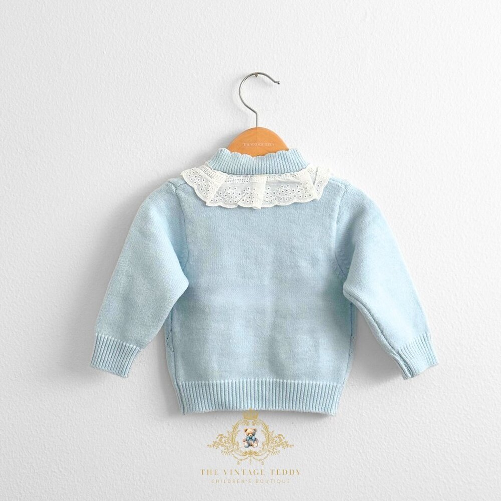 NWT Lovely Girls Knitted Two-piece Cardigan Sweater & Pants Lace Collar 12-18M - Picture 3 of 6